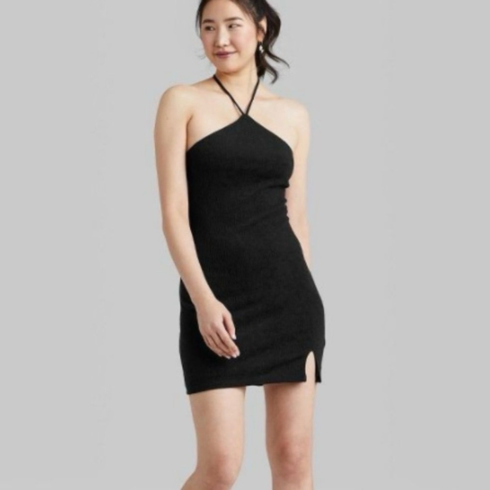 Wild Fable Mini Dress Size Medium Black Textured Beachy Bodycon Halter NWT